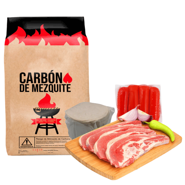 Paquete de carne Flecha: 2kg Flecha, 800g Salchicha, 1KG Tortillas, 1 Carbón