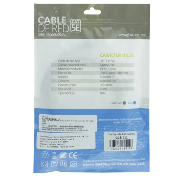 CABLE DE RED UTP CAT5E GHIA 100COBRE AZUL RJ45 2M 6 PIES PATCH CORD - Image 2