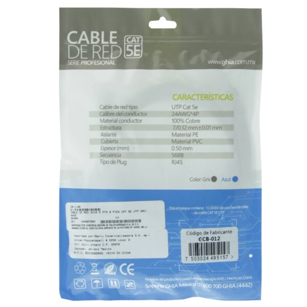 CABLE DE RED UTP CAT5E GHIA 100COBRE GRIS RJ45 2M 6 PIES PATCH CORD - Image 3