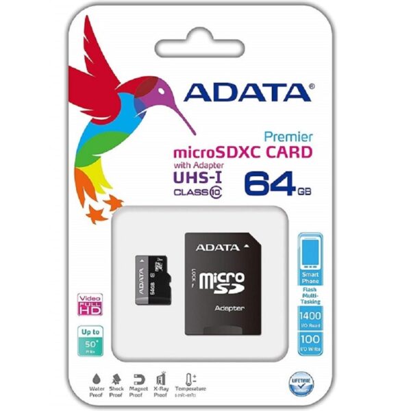 MEMORIA ADATA MICRO SDHC 64GB UHS-I CLASE 10 C/ADAPTADOR (AUSDX64GUICL10-RA1) - Image 2